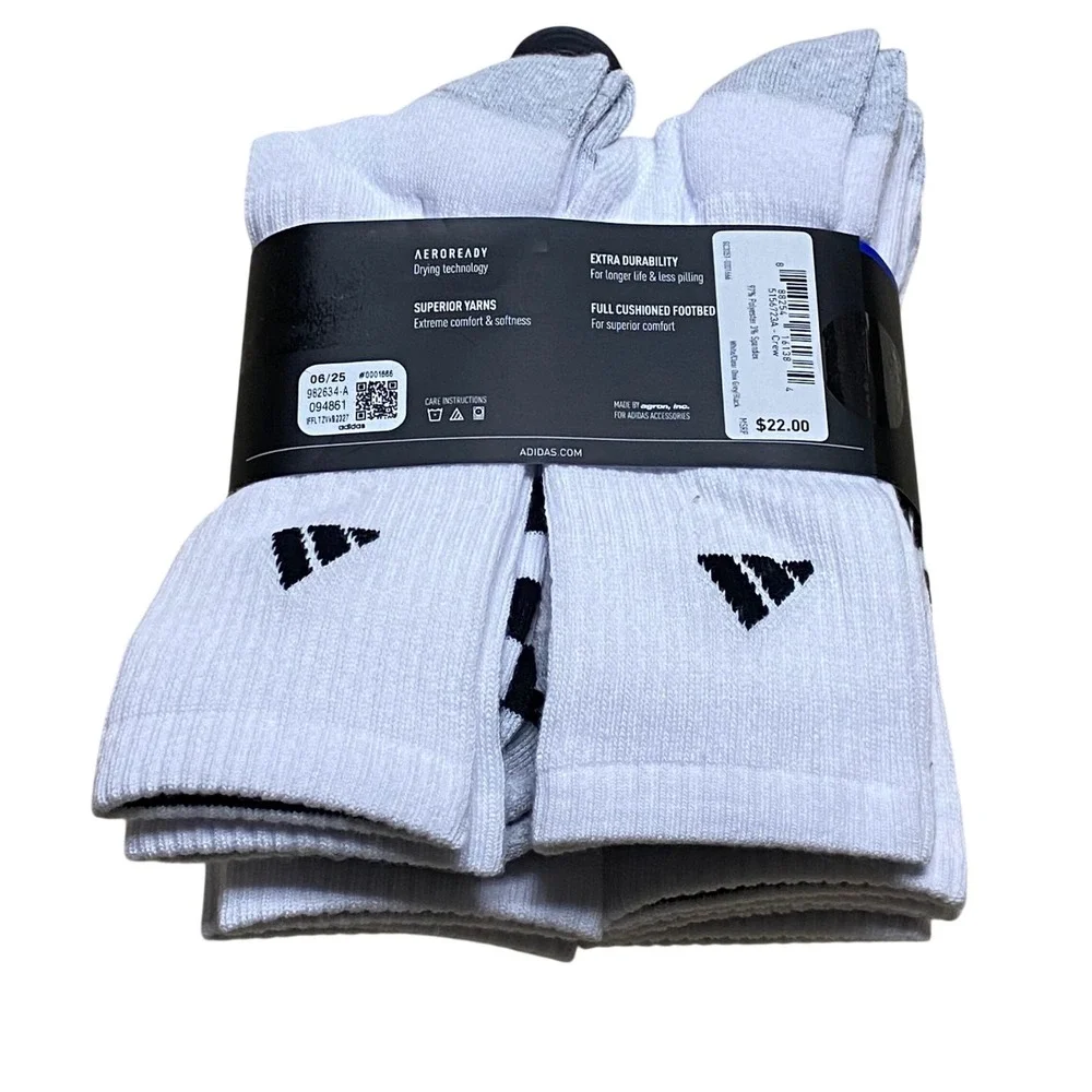 Adidas Mens Cushioned Aeroready Crew Socks 6 Pair White Black Shoe Size 6-12 NWT
